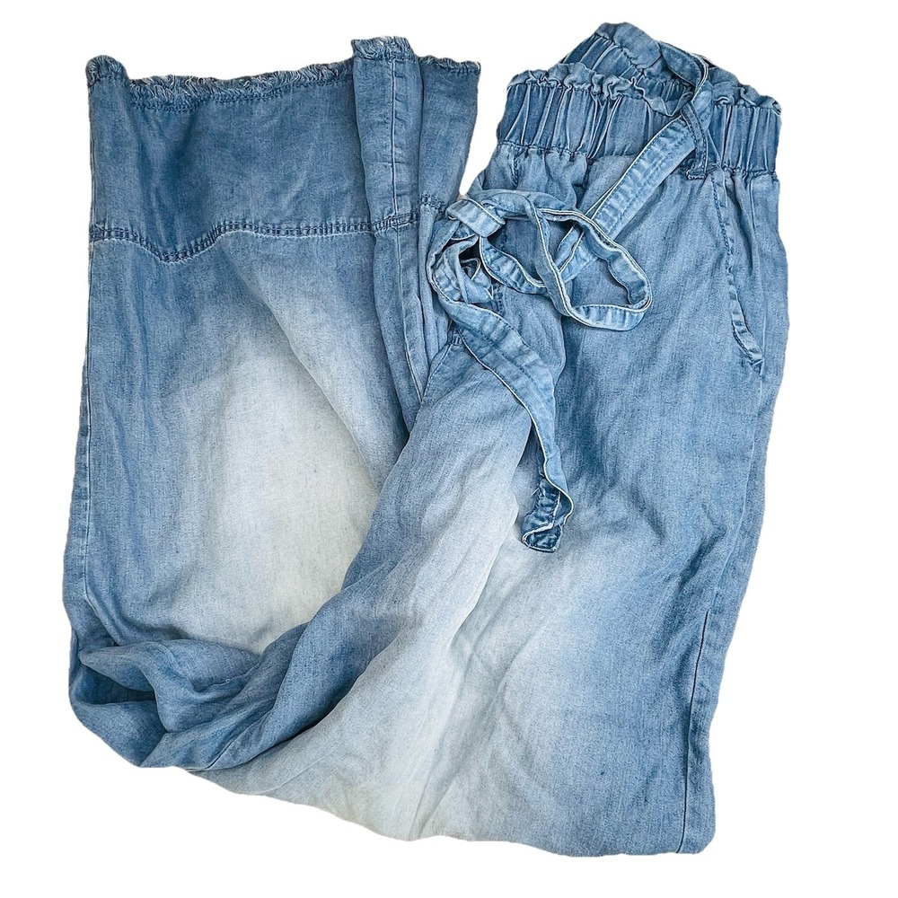 Zenana Wide Leg Chambray Pants L Blue Pull-On Pockets Frayed Hem Boho Lyocell